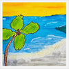 Colorful illustration of a palm tree on a beach with blue water and yellow sky.