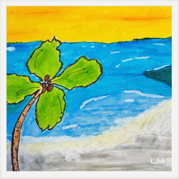 Colorful illustration of a palm tree on a beach with blue water and yellow sky.