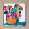 Colorful floral painting with a vase on a beige wall