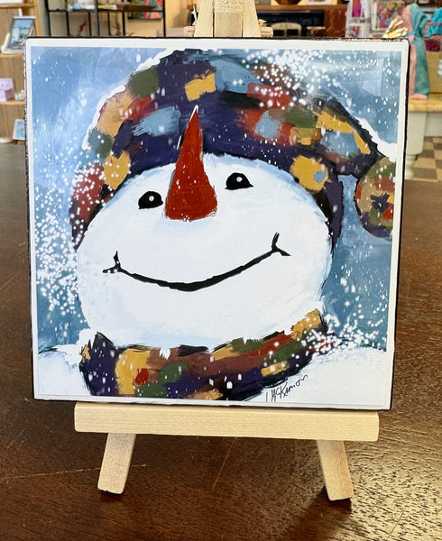 joyful snowman artwork on 4 inch ceramic tile