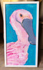 Painting of a pink bird on a blue background