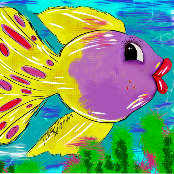 whimsical yellow and purple fish on 3x3 notecard