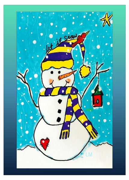 Colorful snowman with a bird on a blue snowy background