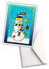 Colorful greeting card with a snowman design on a white background