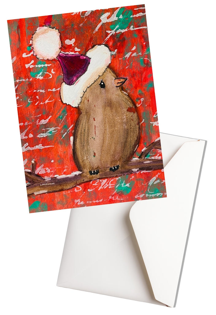 blank 5x7 inch Christmas card with bird wearing a Santa hat