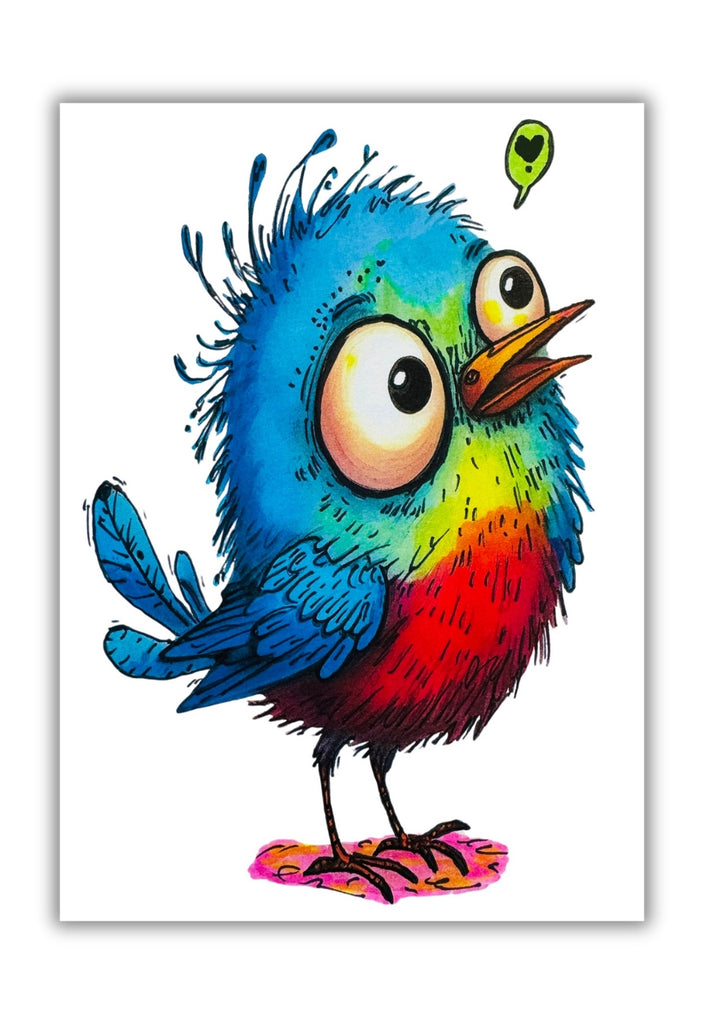 colorful whimsical bird on a blank greeting card