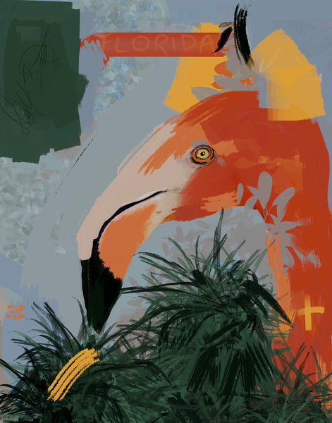 colorful artwork by Lori McKinnon featuring Florida flamingo