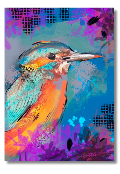 Blank greeting card with colorful background and a bird on the cover