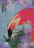 Flamingo with purple flowers and blue gray background