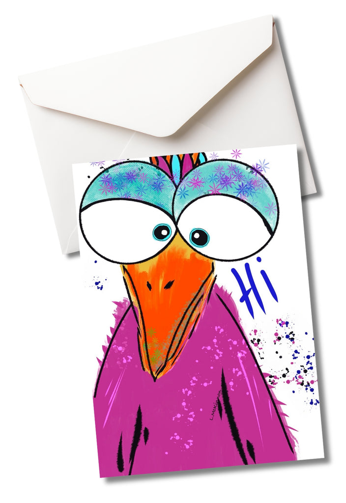 blank greeting card with whimsical bird art