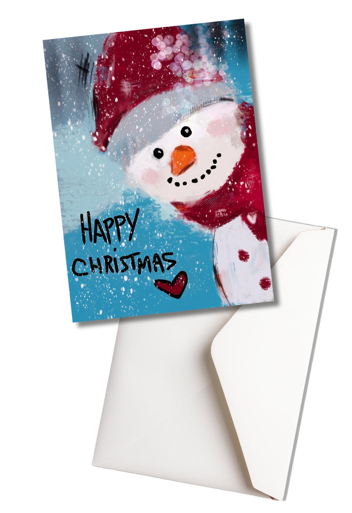 happy snowman on the cover of a blank Christmas card