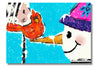 Blank 7x5 inch greeting card with snowman and a bird with a blue background