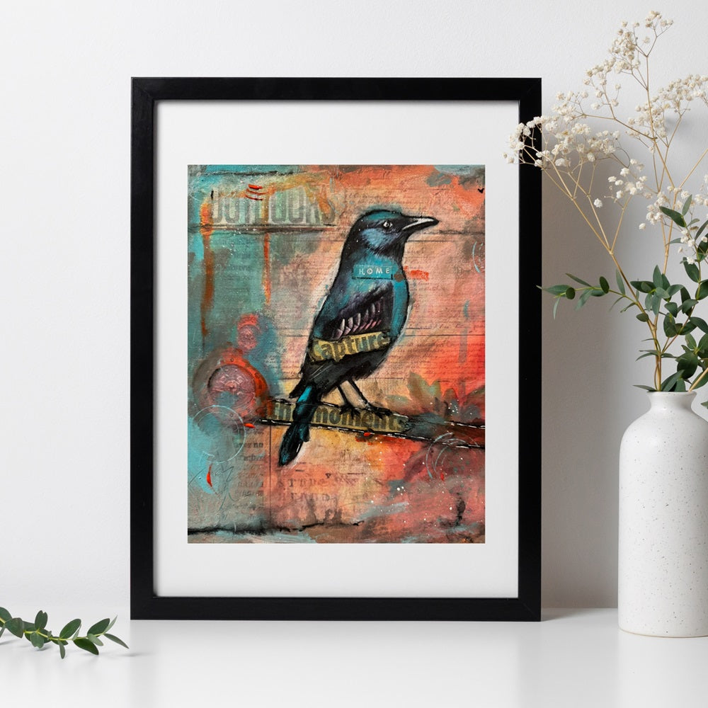 Blue, orange and black bird art print measuring 8x10 inches