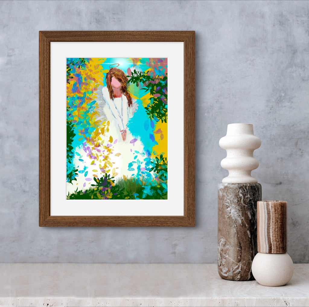 Angel art print with leaves and vibrant color