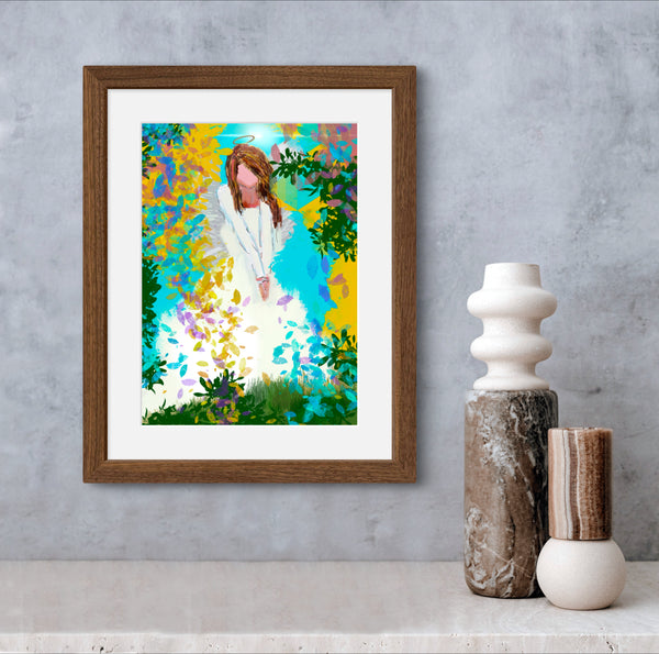 Angel art print with leaves and vibrant color