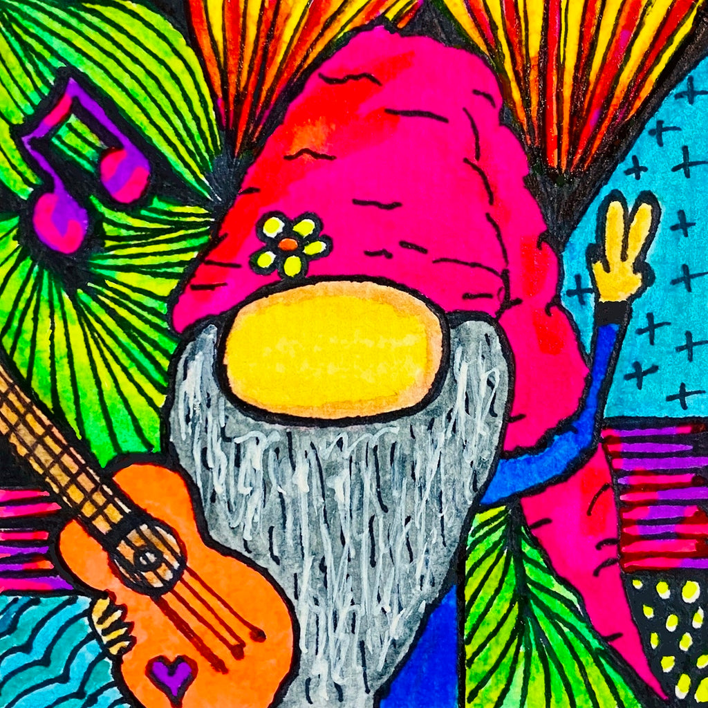 whimsical gnome holding a guitar 3x3 notecard