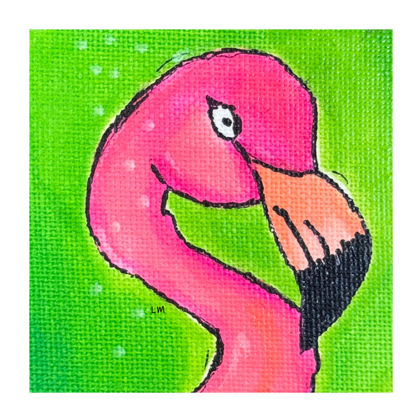 Pink flamingo on a bright green background