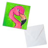Vibrant pink flamingo on a colorful green background with an envelope