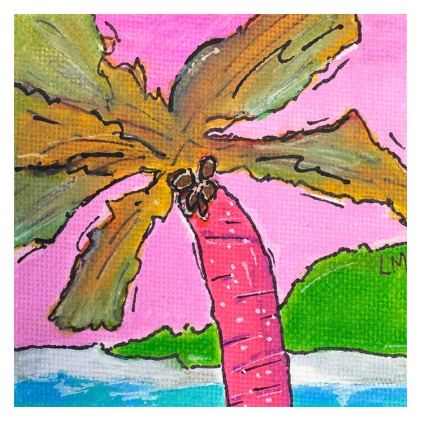 Art print of a colorful palm tree on a pink background