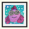 Framed artwork of a purple fish with goggles in black frame