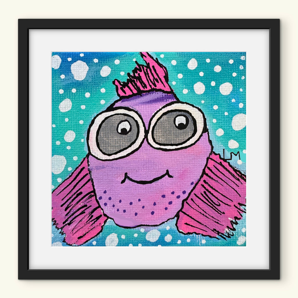 Framed artwork of a purple fish with goggles in black frame