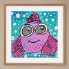 Framed artwork of a purple fish with goggles on a blue background with white polka dots.