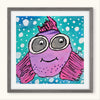 Framed artwork of a purple fish with pink fins on a blue background with white polka dots.