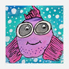 Colorful artwork with a fish with goggles on a blue background with white polka dots.