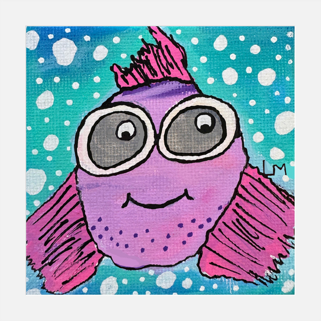 Colorful artwork with a fish with goggles on a blue background with white polka dots.