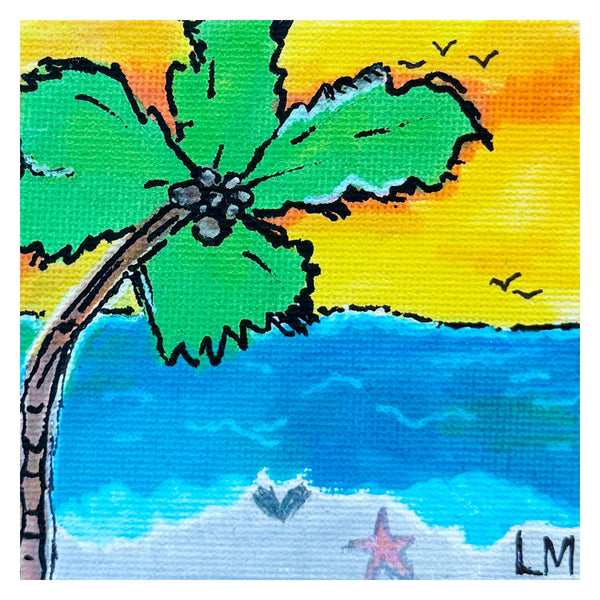 Colorful painting of a palm tree by the sea with a yellow sky and blue water.