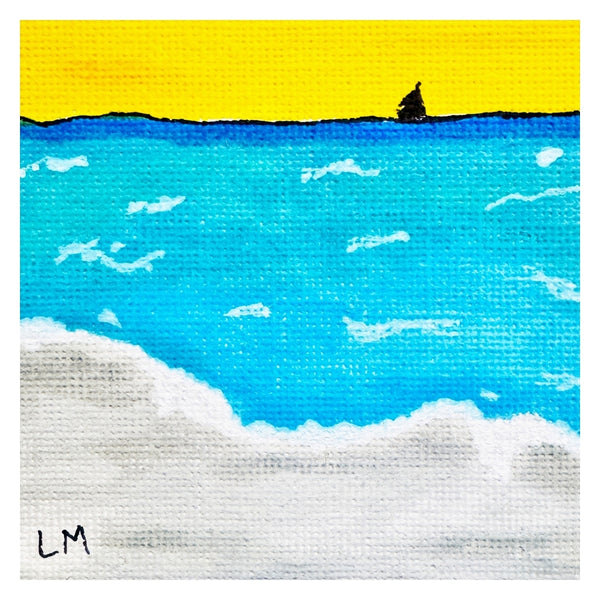 Sailboat on a blue sea with a yellow sky, signed 'LM'.
