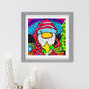Framed colorful artwork of a gnome on a white wall with decorative elements.