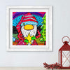 Colorful gnome illustration in a white frame on a light blue wall with a red lantern and berries below.