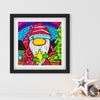 Framed colorful artwork of a gnome holding a star on a white wall.