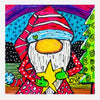 Colorful illustration of a Christmas gnome with a rainbow and tree in the background
