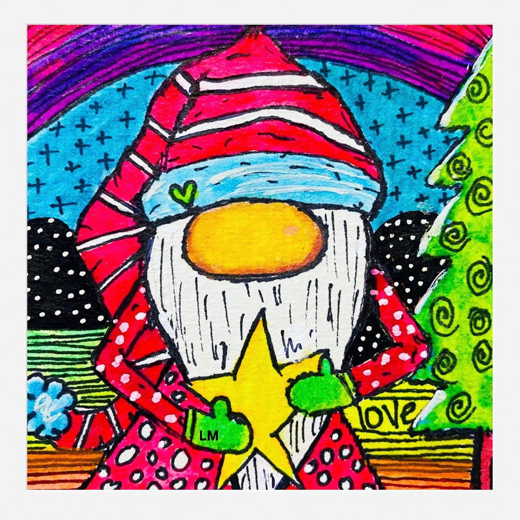 Colorful illustration of a Christmas gnome with a rainbow and tree in the background