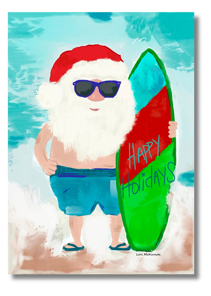 Blank 5x7 card with Santa on the front holding a surfboard on the beach