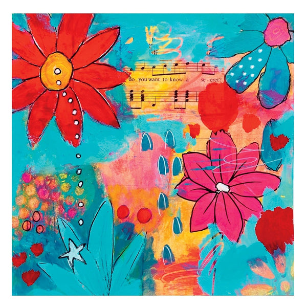 Colorful abstract artwork with flowers and musical notes on a blue background