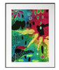 colorful abstract painting in a frame with a white mat hanging on a white wall