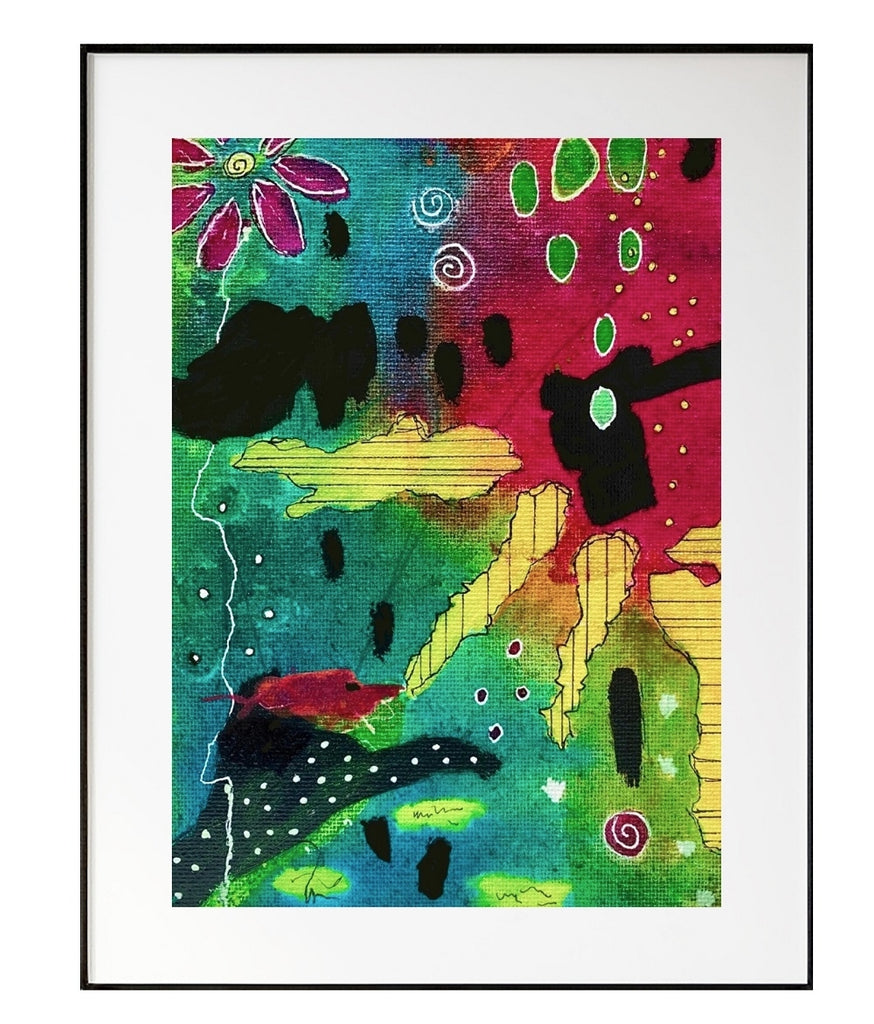 colorful abstract painting in a frame with a white mat hanging on a white wall