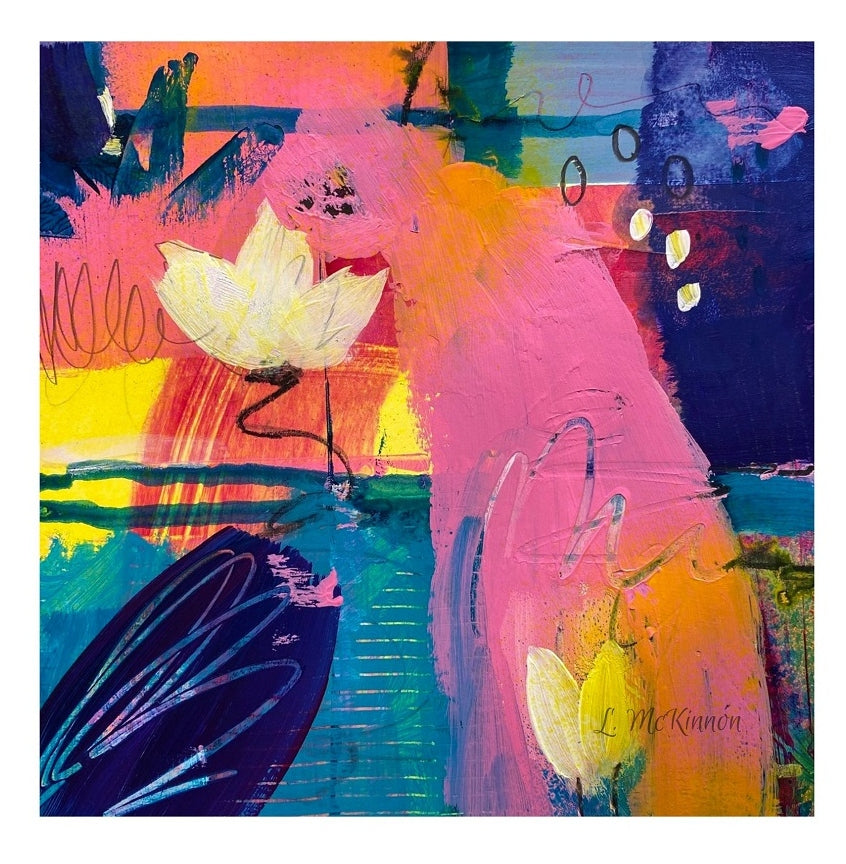 Abstract artwork with colorful flowers and vibrant background