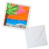 Colorful beach scene card with palm tree and envelope on white background