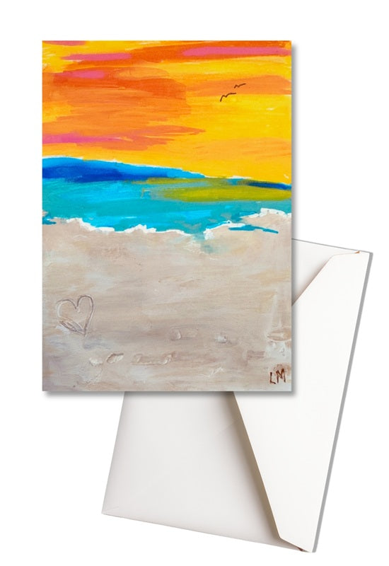 Greeting card with a colorful beach scene and envelope on a white background