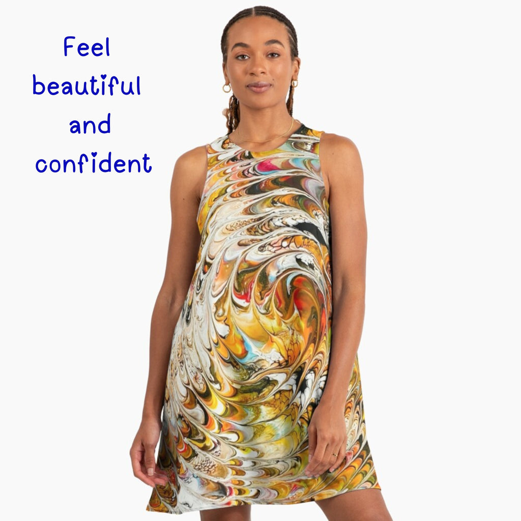 woman wearing a sleeveless dress with a white background