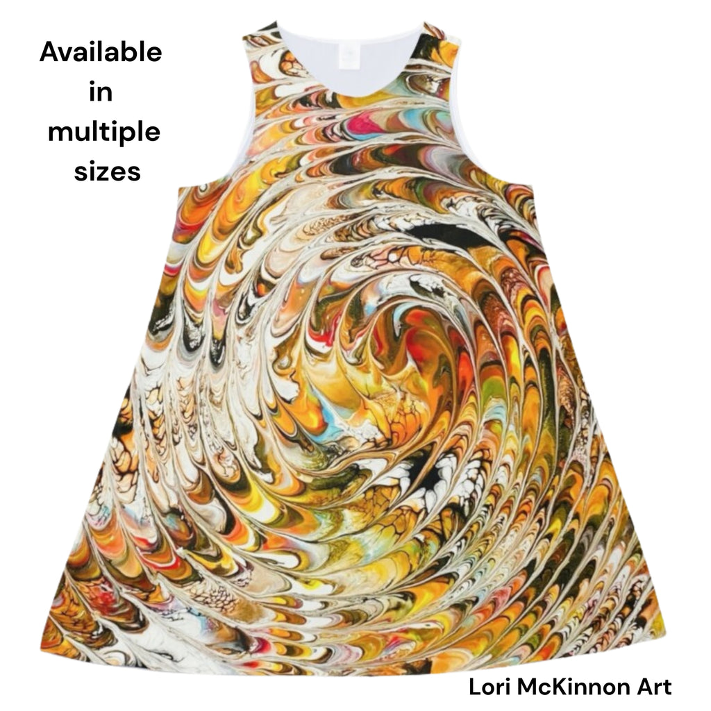 a sleeveless a-line dress on a white surface