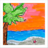 Colorful beach scene with palm tree, sunset, and starfish 