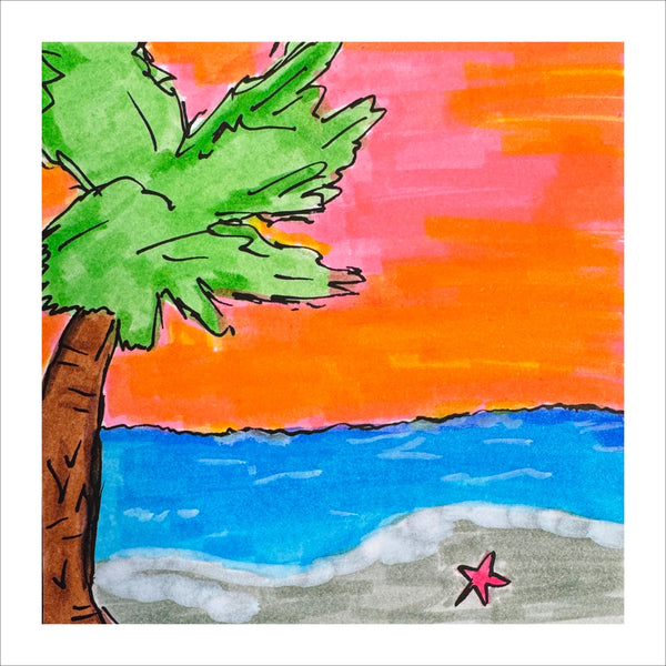 Colorful beach scene with palm tree, sunset, and starfish 