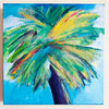 colorful palm tree painting on a square canvas against a white wall