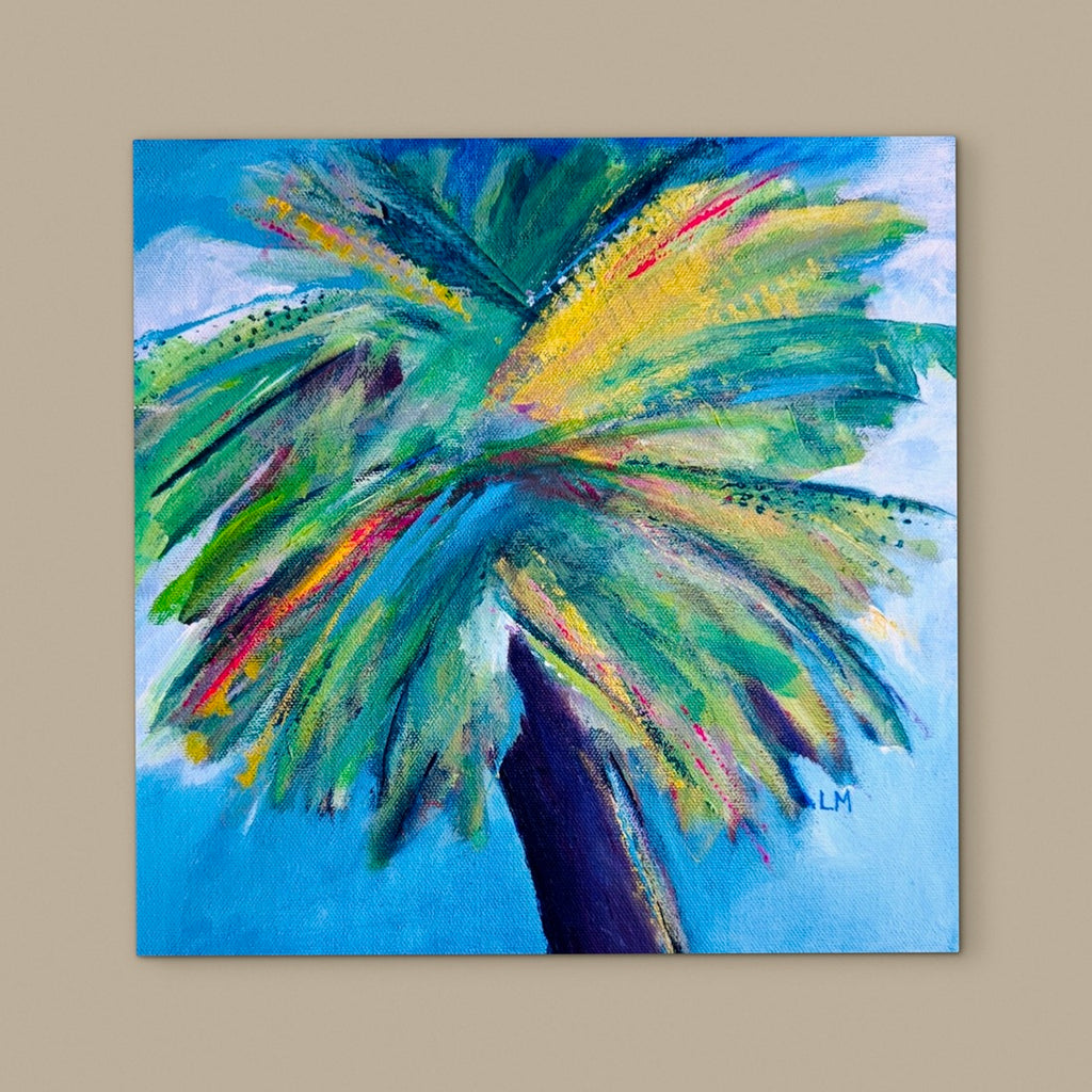 colorful palm tree painting on a light beige wall