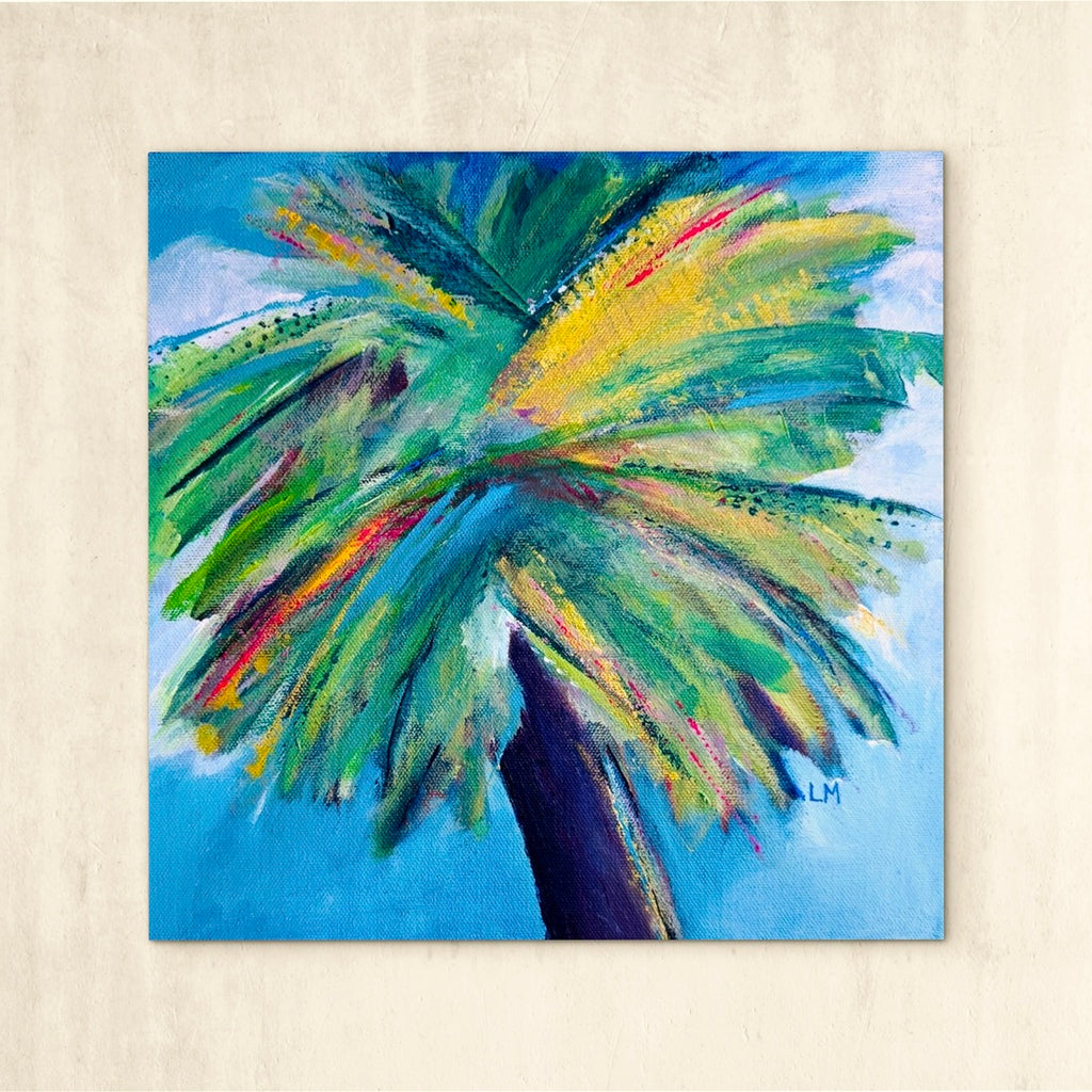 colorful palm tree painting on a light grey wall